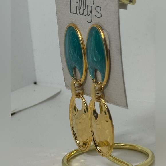 Vintage Lilly’s Green & Gold Enamel Geometric Double Oval Dangle Earrings - Picture 5 of 8